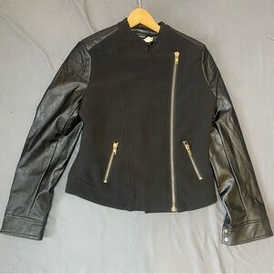 Women’s Joompy Black Moto Jacket Faux Leather Sleeve Zip Up Cropped Medium Biker